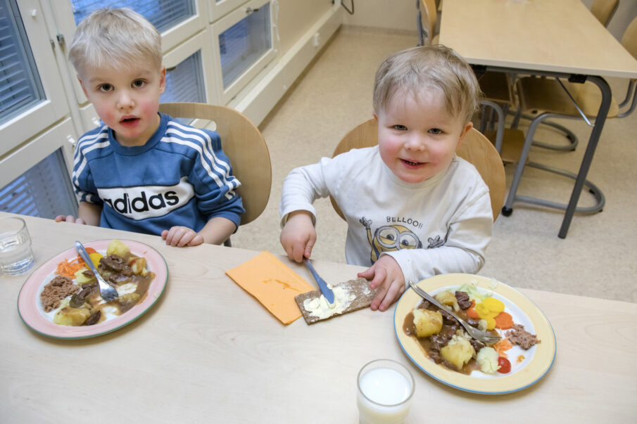 Kaksi pientä poikaa syömässä pöydän ääressä ruokalautaset edessään.