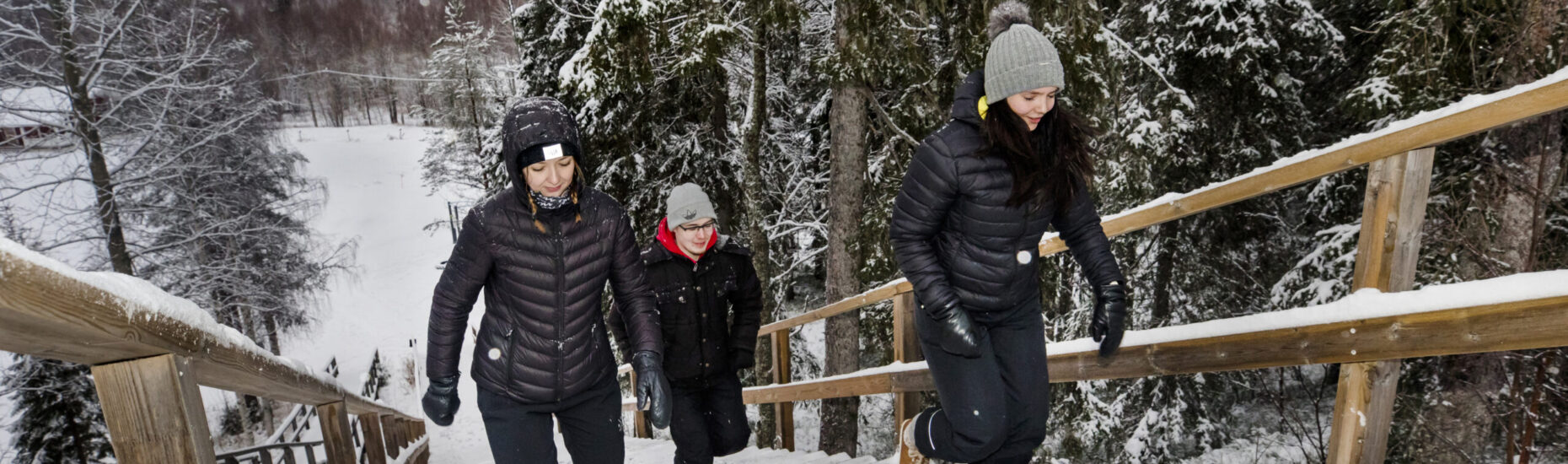 Kaksi nuorta naista ja yksi nuori mies nousemassa kuntoportaita ylös. Talvinen kuva.