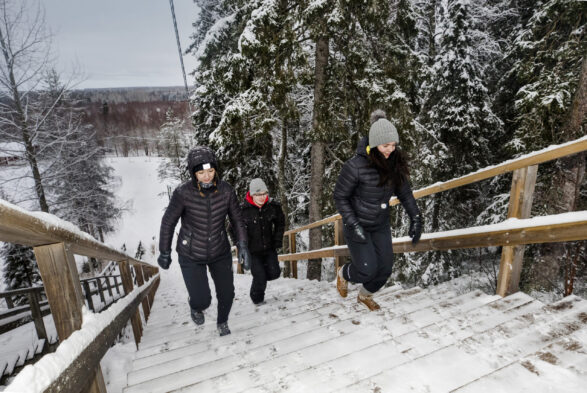 Kaksi nuorta naista ja yksi nuori mies nousemassa kuntoportaita ylös. Talvinen kuva.