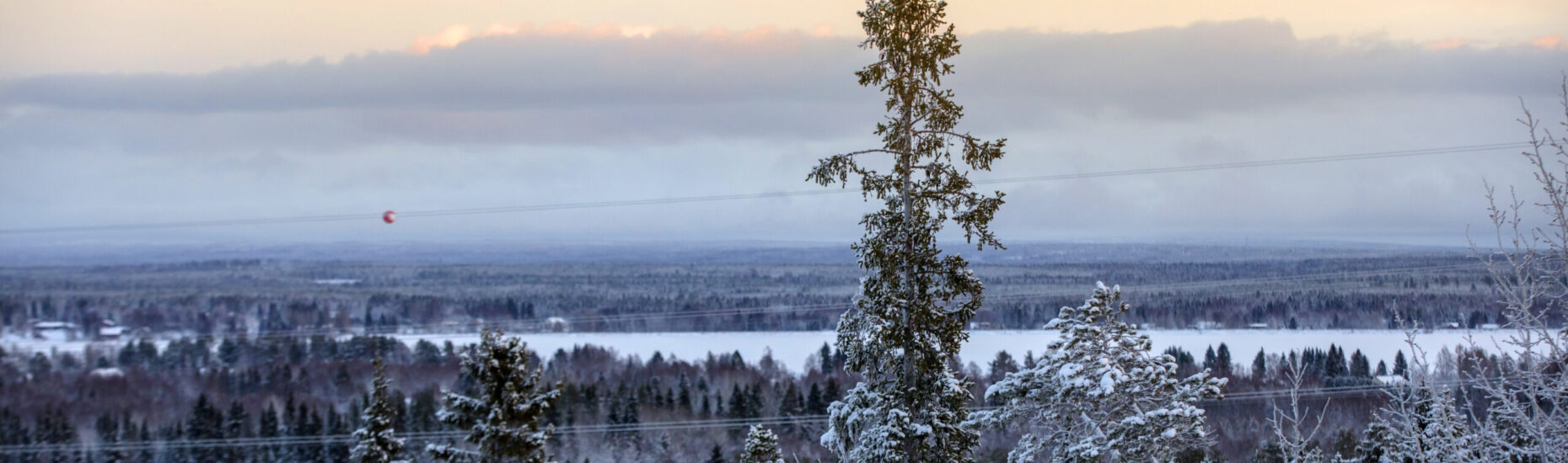 Talvista lumista metsämaisemaa. Kuvattu korkealta mäeltä.